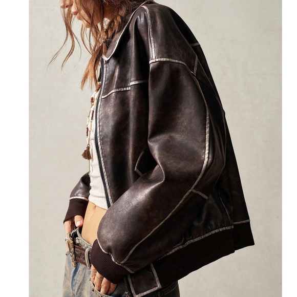 Luxe Brown Vegan Leather Zip up Oversized jacket Coat - Picture 3 of 8